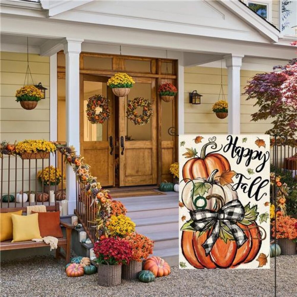 Happy Fall Garden Flag 12x18 Inch Double Sided Outside, Pumpkin - Picture 3 of 7